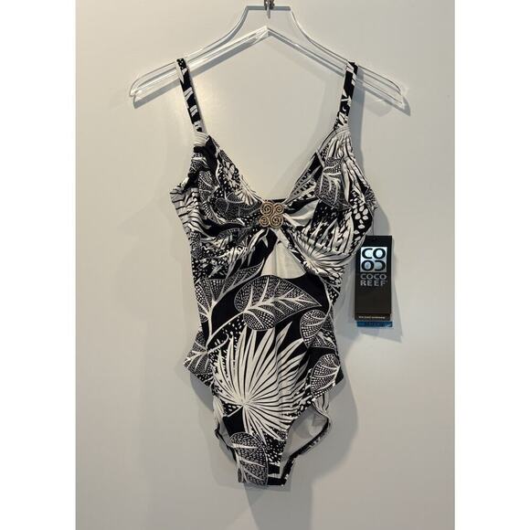 NWT Coco Reef Black White Tropical Print Piece Swimsuit Womens Size 36D (725)